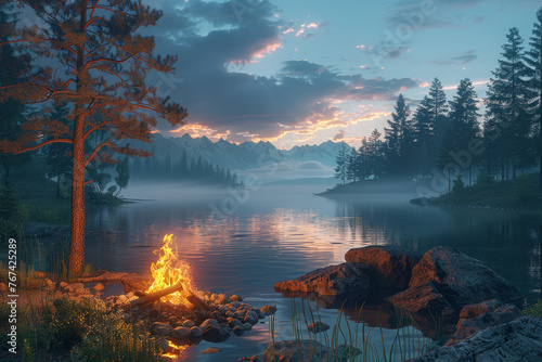 A lakeside campfire surrounded by friends, where laughter and storytelling create cherished memories. Concept of social bonding in nature. Generative Ai.