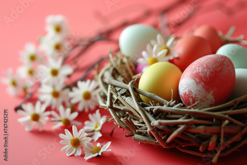 Colorful painted easter eggs in bird nest with white small chamomiles on vivid red background. Greeting card for Easter holidays. Spring time.