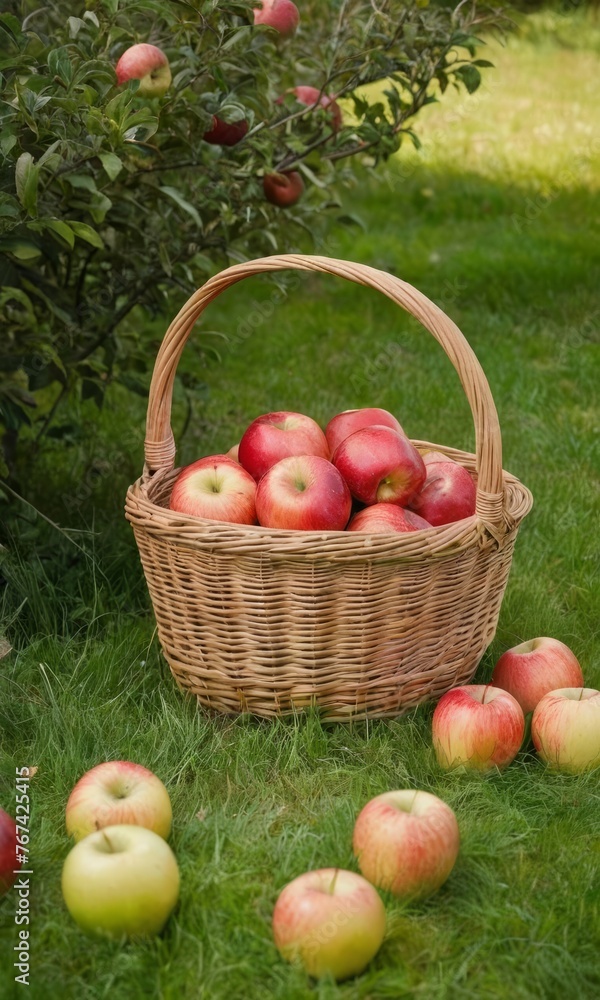 Garden with apple trees and a basket full of apples on the grass. Summer or fall vibe background. Garden with apple trees and a basket full of apples on the grass. Summer or fall vibe background.