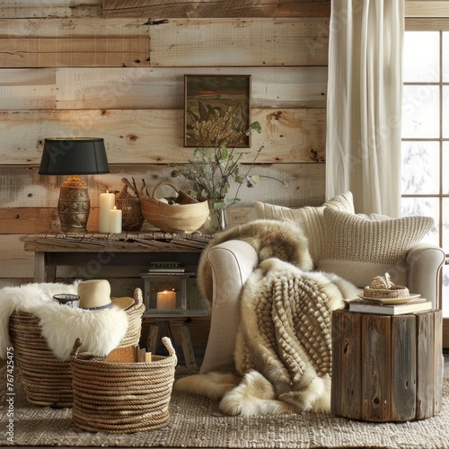 Rustic Charm: Create a cozy and inviting atmosphere with a rustic living room featuring warm wood tones, earthy textures, and vintage-inspired decor. Use reclaimed wood furniture, woven baskets.