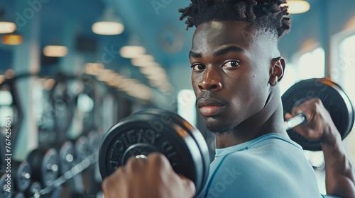 Young black man training with dumbbells inside gym club - Focus on face