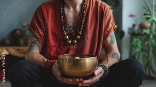 Young man with Tibetan singing bowl at home photo