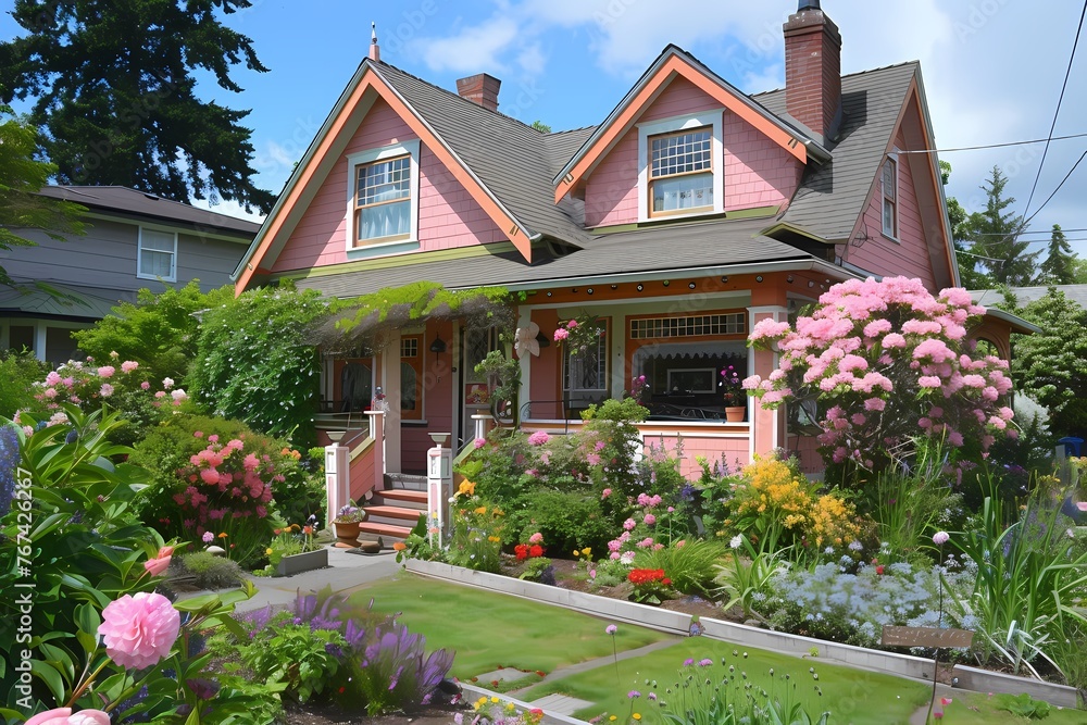A quaint craftsman cottage exterior painted in light coral pink, surrounded by a vibrant garden in full bloom.