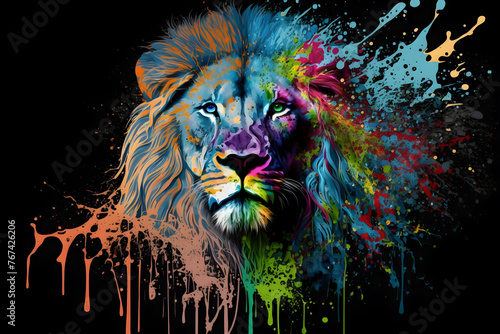 Lion with colorful paint splatters on its face
