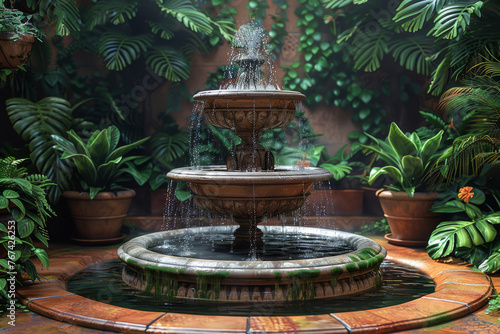 A vintage watering fountain surrounded by lush greenery, enhancing the garden with a soothing water feature. Concept of integrating aesthetics and functionality. Generative Ai.