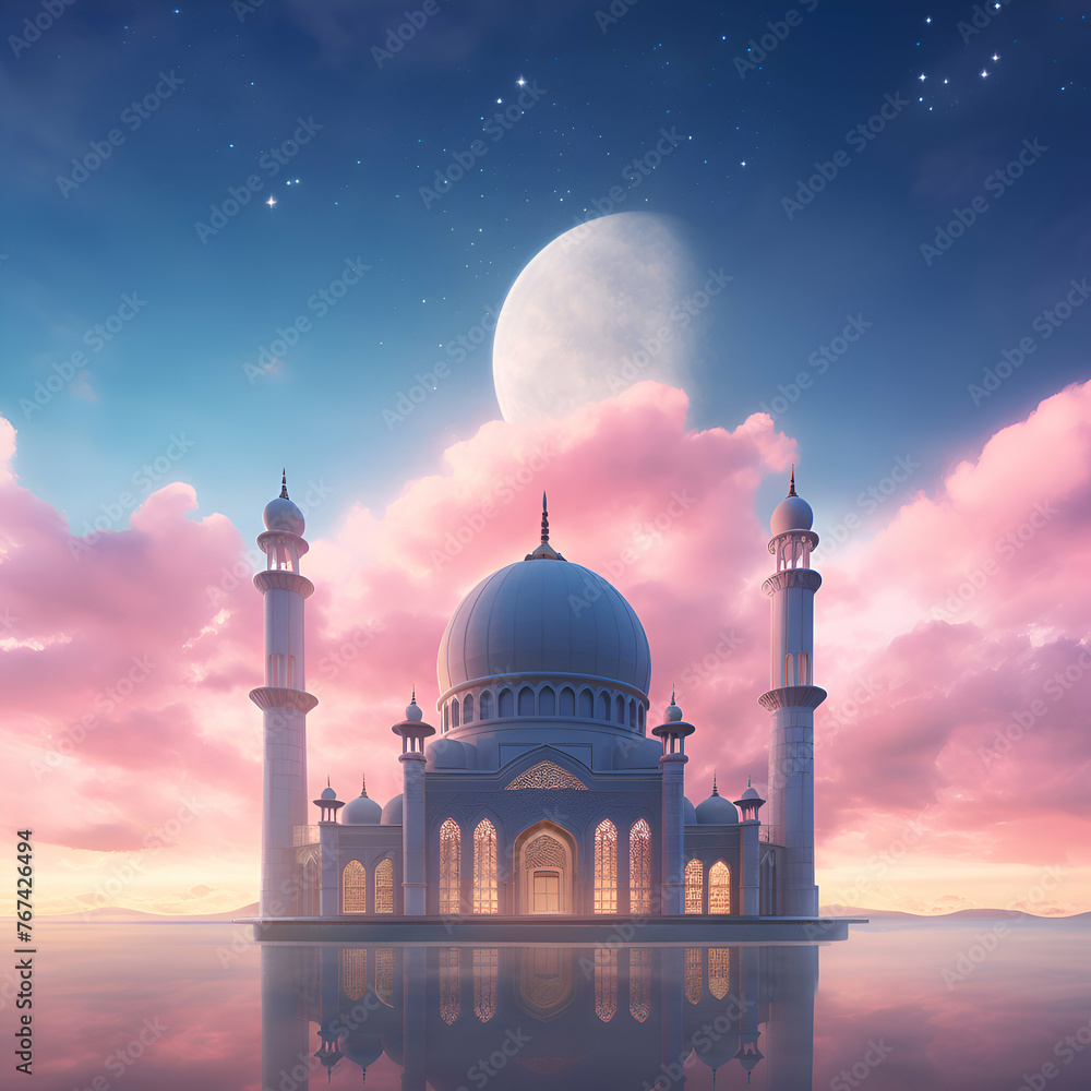 Illustration of palace at sunset with moon and clouds.
