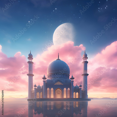 Illustration of palace at sunset with moon and clouds. © Wazir Design