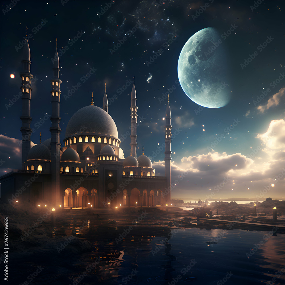 Night view of the mosque and the moon. 3D rendering.