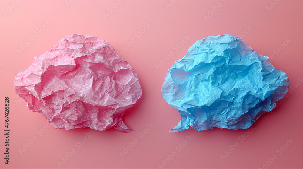 Crumpled paper graphic resources concept. Two red and blue speech bubbles from crumpled paper are isolated on pink background. Crumpled paper graphic resources concept. Two red and blue speech bubbles from crumpled paper are isolated on pink background.