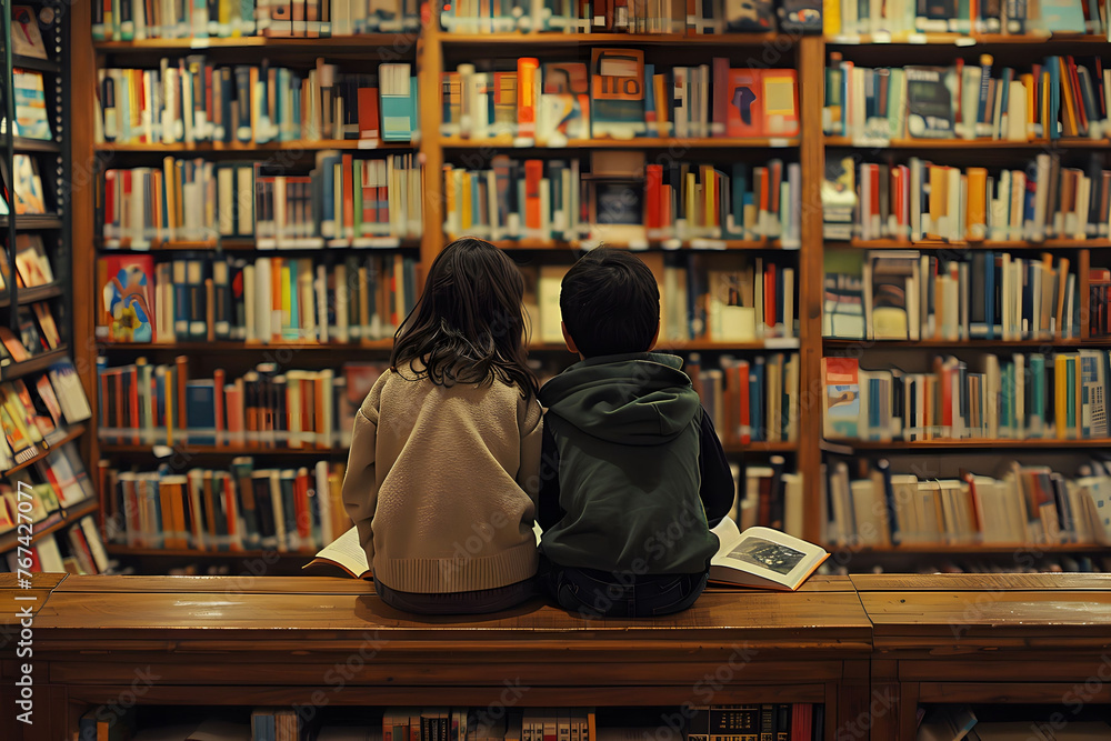 A photo of two children sitting in front of shelves filled with books, engrossed in books at an old bookstore. The background is filled with shelves stocked with various books and installations. A photo of two children sitting in front of shelves filled with books, engrossed in books at an old bookstore. The background is filled with shelves stocked with various books and installations.