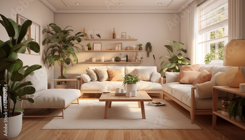 cozy modern living room with indoor plants © dip