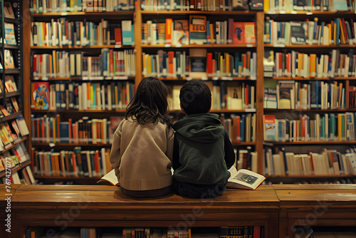 A photo of two children sitting in front of shelves filled with books, engrossed in books at an old bookstore. The background is filled with shelves stocked with various books and installations. photo