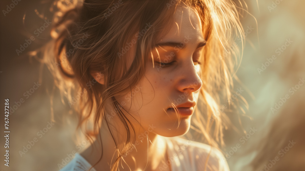 Young woman lost in thought during a serene golden sunset Young woman lost in thought during a serene golden sunset