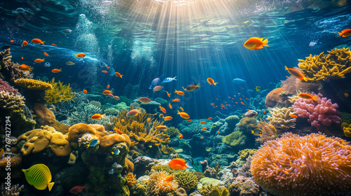 Vibrant underwater seascape with coral and tropical fish © thodonal