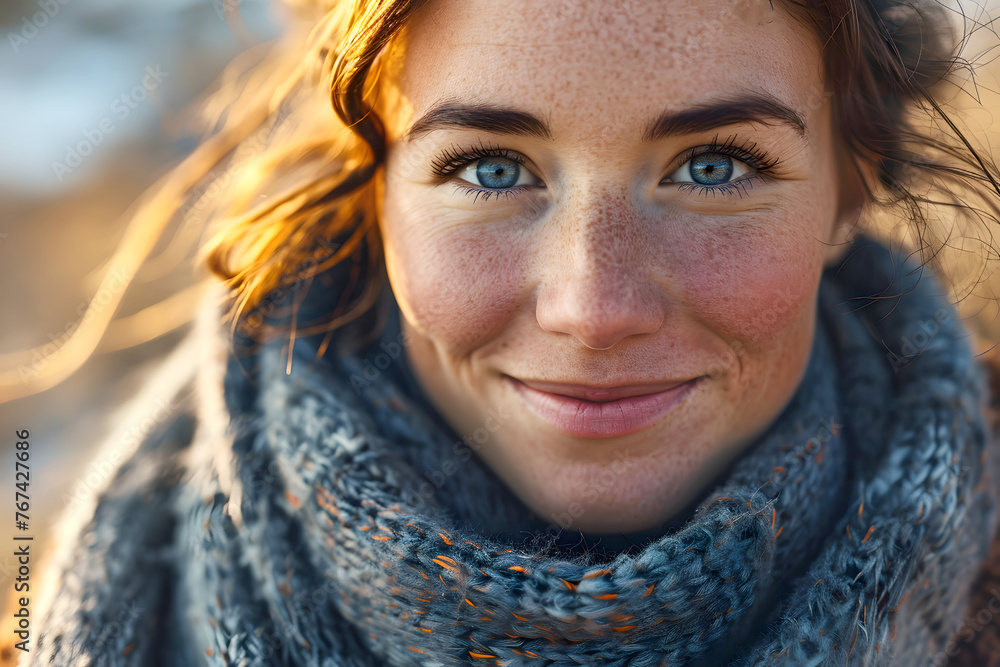 portrait of a very beautiful young woman with freckles in a warm knitted scarf. beauty seasonal fashion portrait of a very beautiful young woman with freckles in a warm knitted scarf. beauty seasonal fashion