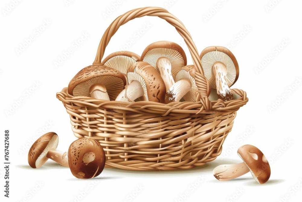 A vector illustration of a basket filled with freshly picked mushrooms, placed on a white background. A vector illustration of a basket filled with freshly picked mushrooms, placed on a white background.