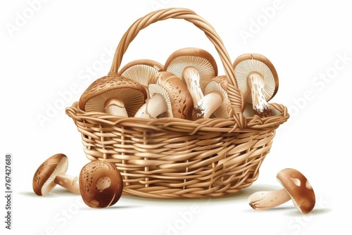 A vector illustration of a basket filled with freshly picked mushrooms, placed on a white background.