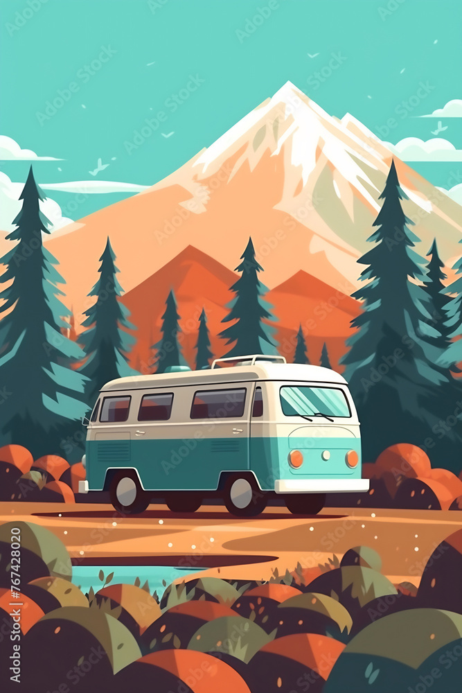 Camping caravan outdoor traveling vacation illustration. National park scene with RV traveler truck at evening. Forest, mountains and sun