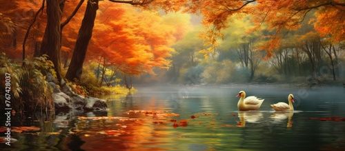 Two swans gracefully glide across the water of a tranquil lake, embraced by the colorful autumn trees. The natural landscape is a painting of serenity and wildlife