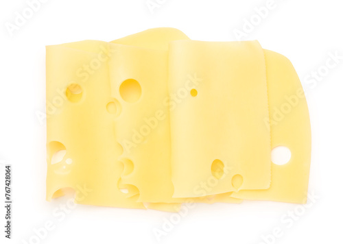 Delicious cheese slices on white background