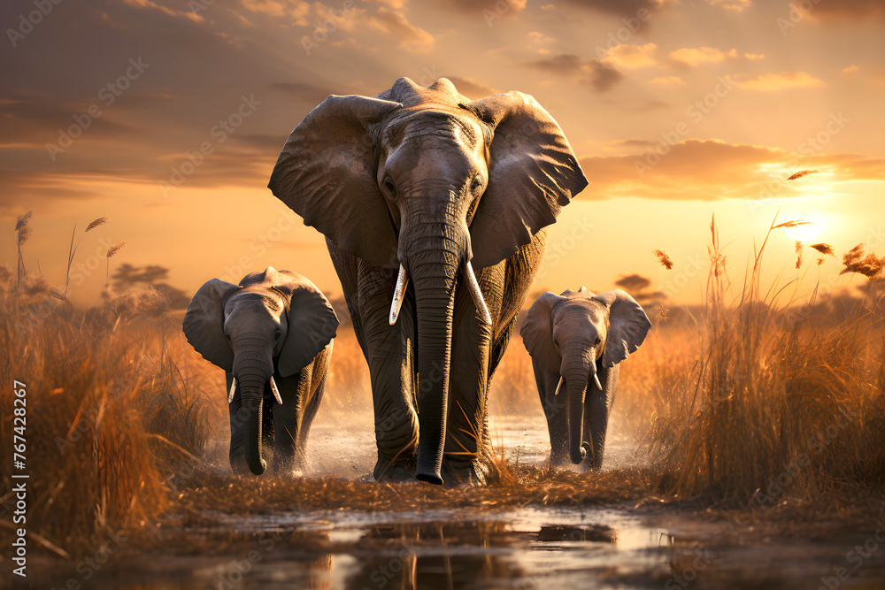 Obraz premium family of African elephants walk along the savanna. mammals and wildlife