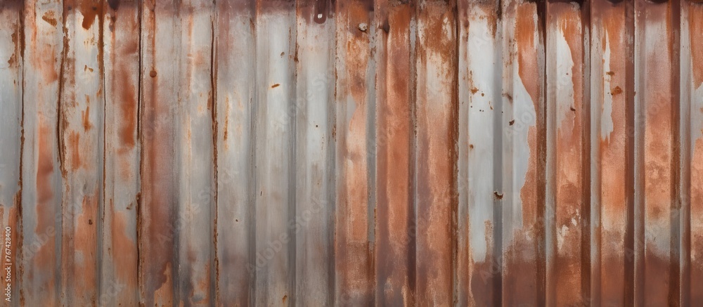 Naklejka premium An old and deteriorated metal wall covered in rust with a fire hydrant standing nearby