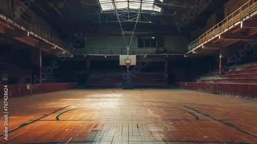 Empty basketball court floor against the backdrop of an empty stadium
