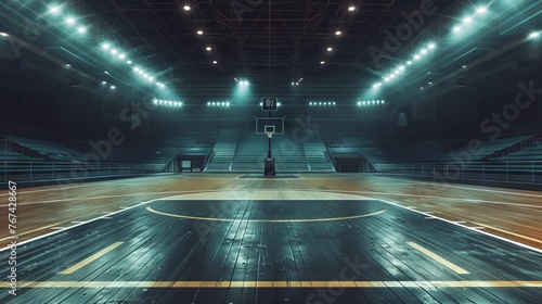 Empty basketball court floor against the backdrop of an empty stadium © Jalal