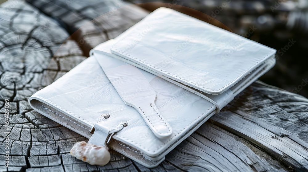 White leather wallet on the wooden table - obrazy, fototapety, plakaty 