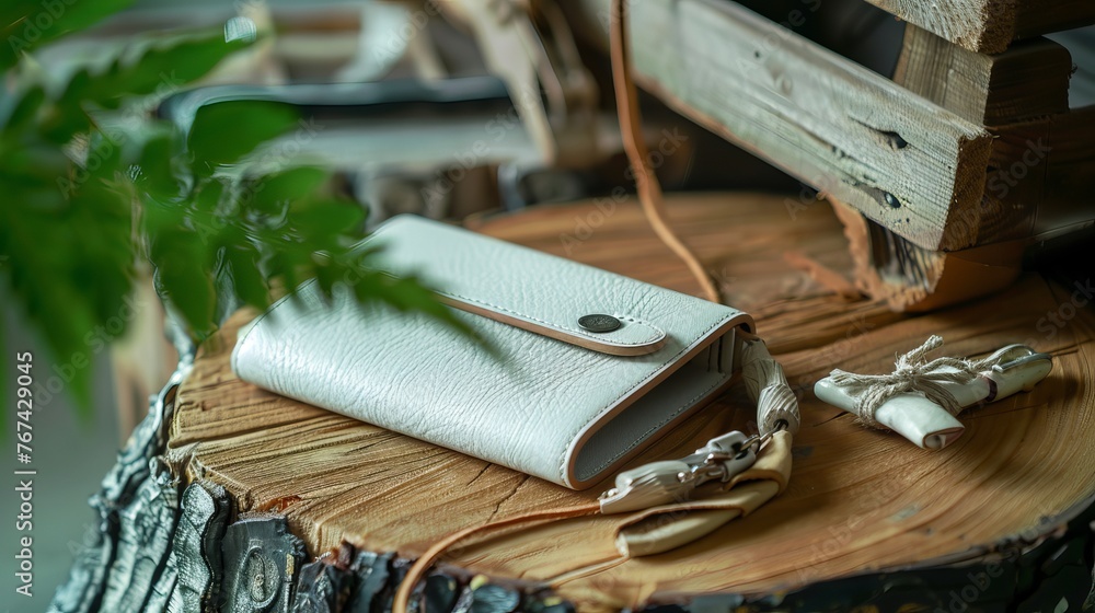 White leather wallet on the wooden table - obrazy, fototapety, plakaty 