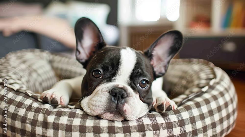 Chic french bulldog puppy relaxing in comfortable bed   fashionable canine companion