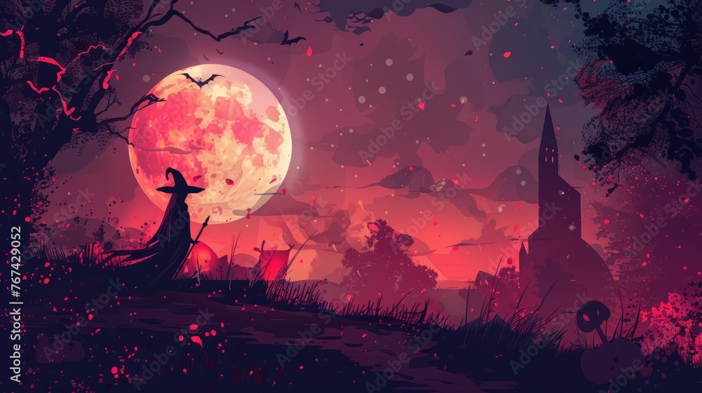 Halloween banner with the moon and a witch in dark colors 