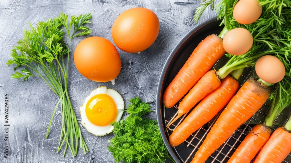 a plate of carrots, eggs, and parsley on a gray surface with an egg on a wire rack. a plate of carrots, eggs, and parsley on a gray surface with an egg on a wire rack.