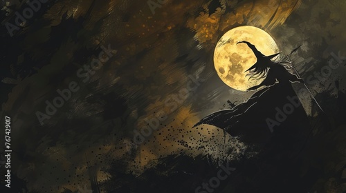 Halloween banner with the moon and a witch in dark colors  photo