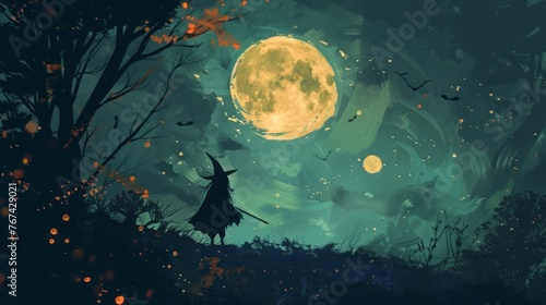 Halloween banner with the moon and a witch in dark colors 