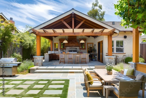 A craftsman house with a light-colored exterior, showcasing a cozy backyard patio with a built-in barbecue grill and outdoor seating. © pick pix