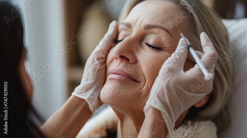 Beautiful mature woman receiving botox injection in her face at beauty salon