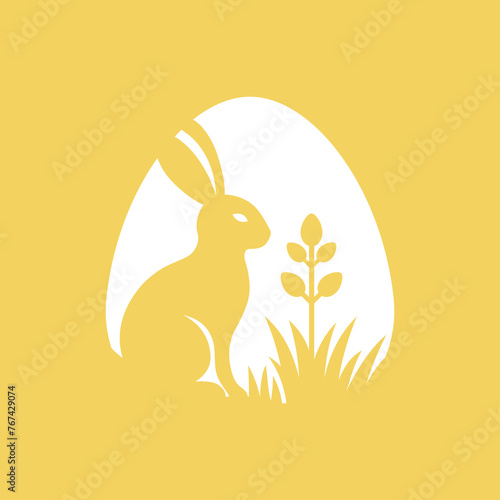 Króliczek wielkanocny. Królik i jajko na żółtym tle. Wielkanocna ilustracja w prostym stylu na kartki świąteczne, banery, życzenia i do innych projektów.