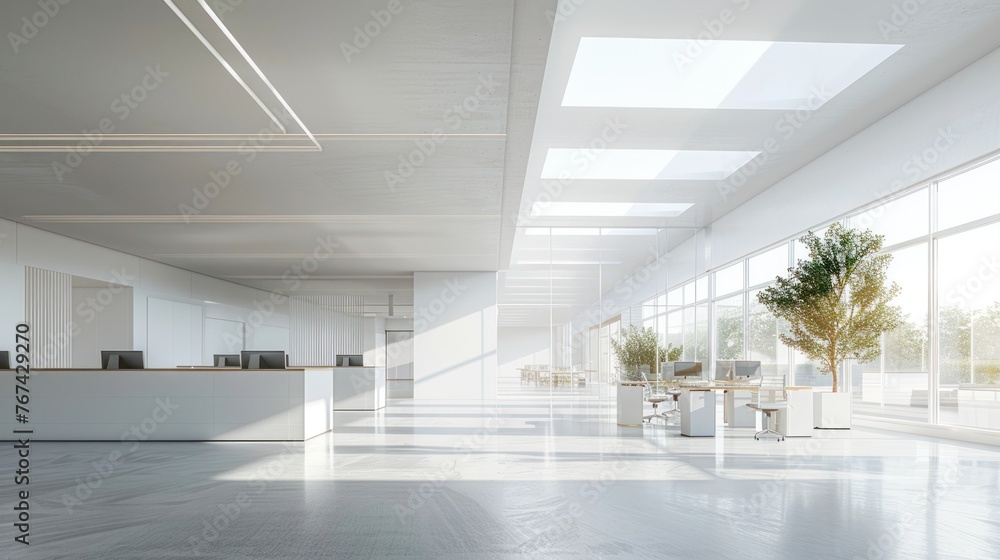 Interior modern open space white office building in daylight view. AI generated
