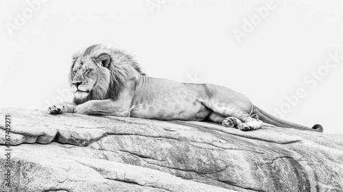  a black and white photo of a lion laying on top of a rocky outcrop with a sky background.