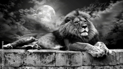  a black and white photo of a lion resting on a brick wall with a full moon in the sky in the background.