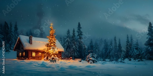 Inviting Wintry Cabin with Glowing Chimney and Christmas Tree: A Cozy Gathering Place. Concept Winter Retreat, Festive Decor, Cozy Atmosphere, Christmas Gathering, Rustic Charm