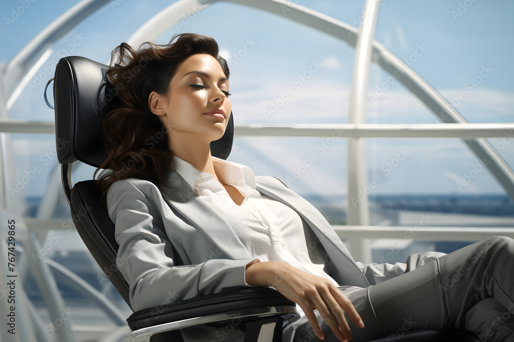 Young beautiful woman relaxing in the office, dozing and dreaming visualize. relaxing at work in a chair Young beautiful woman relaxing in the office, dozing and dreaming visualize. relaxing at work in a chair