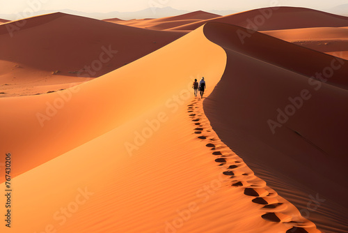 two people walk along the sands of the desert dunes. human life path concept photo