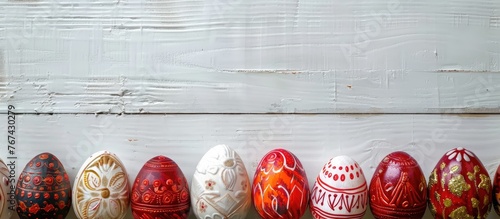 A lineup of Easter eggs dyed with handmade wax in red and white colors, displayed in a Ukrainian pysanka frame on a white wooden background with space for text.