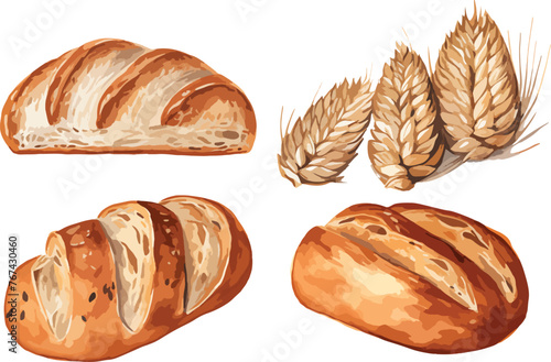 Set of baking, bread, bakery product  in watercolor style. Buns, baguettes, bread, pastries, and other baked goods. Vintage watercolor concept for a bakery or cafe menu design