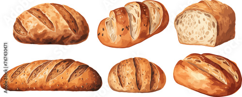 Set of baking, bread, bakery product  in watercolor style. Buns, baguettes, bread, pastries, and other baked goods. Vintage watercolor concept for a bakery or cafe menu design