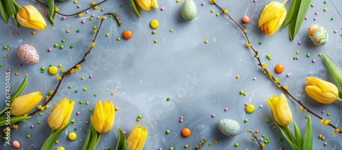 Easter-themed frame featuring yellow tulips, eggs, pussy-willow twigs, colorful candies, and room for text, set against a top-view background.