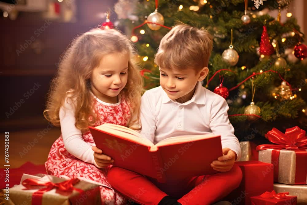 Two children in festive attire reading a book together by a warmly lit Christmas tree.