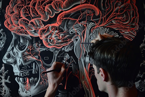 A man in the image is carefully sketching a detailed diagram of a human brain. Generative AI #767430844